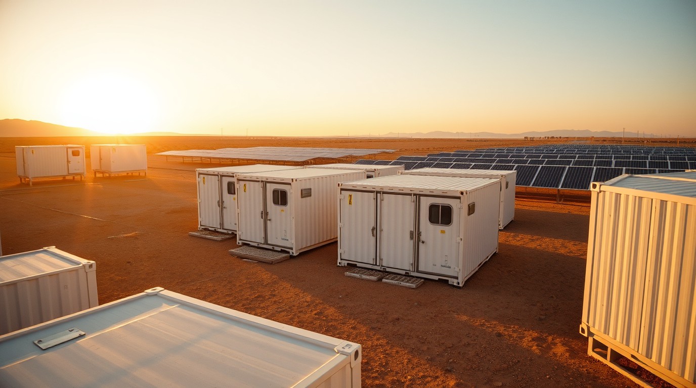 Contenedores de almacenamiento de energía con baterías en el desierto, ejemplo de proyectos BESS