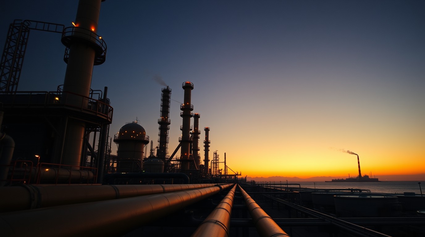 Instalaciones de refinación de Pemex al atardecer con calificación crediticia como tema
