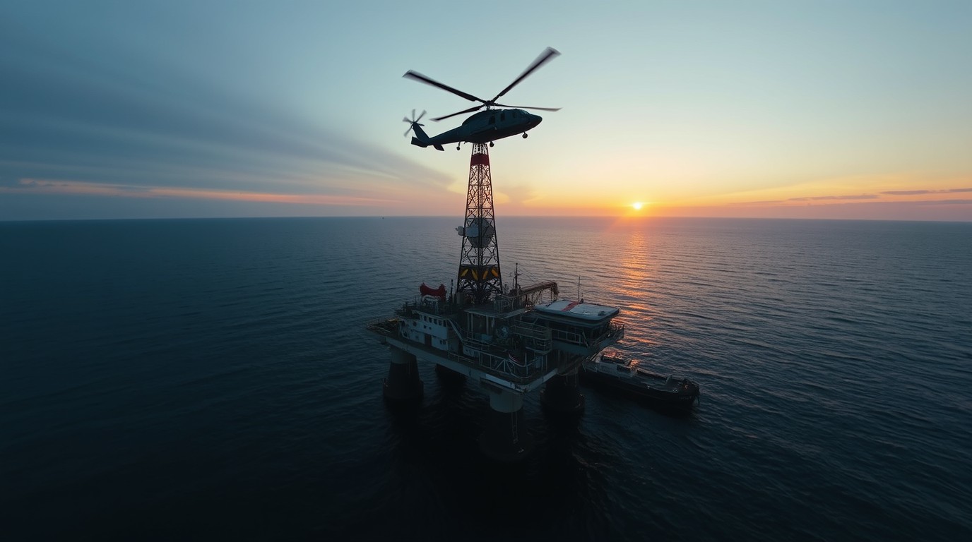 Vista aérea de plataforma petrolera en la Sonda de Campeche ante la piratería