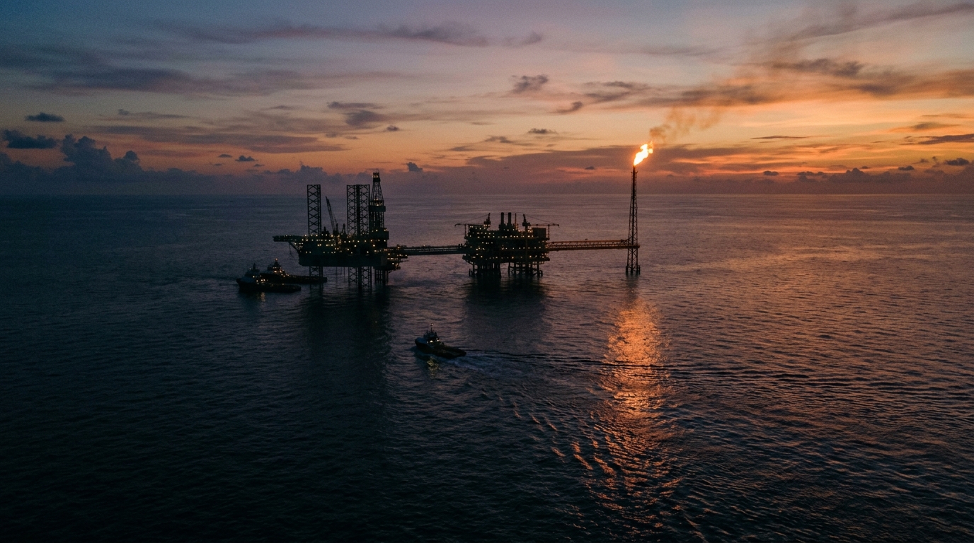 Plataforma petrolera marina al atardecer con producción de crudo de Pemex al fondo