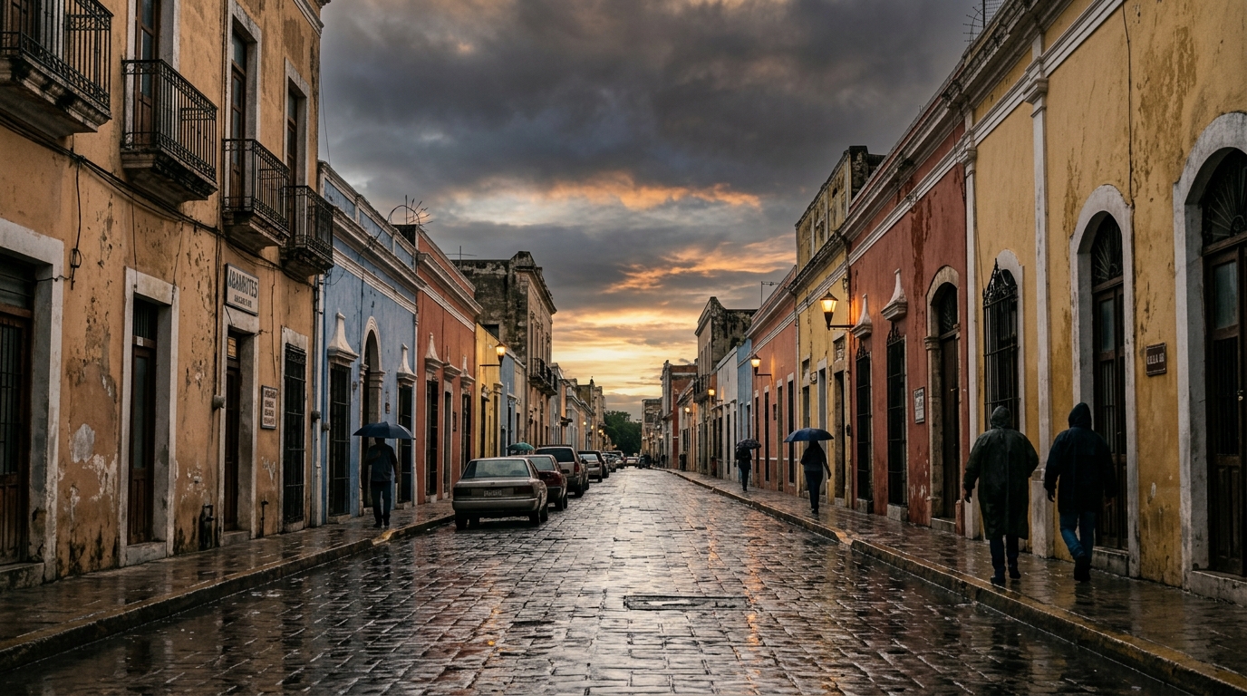 Calle de Mérida con lluvia intensa durante la alerta de lluvias en Yucatán